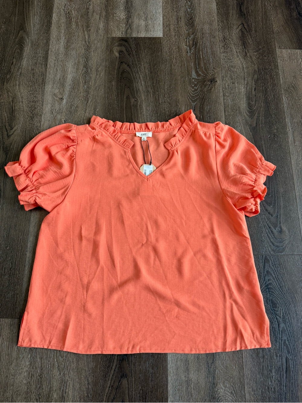 Ott brand Ruffle Neck Short Sleeve Top Orange coral Tangerine  Women’s Size XL